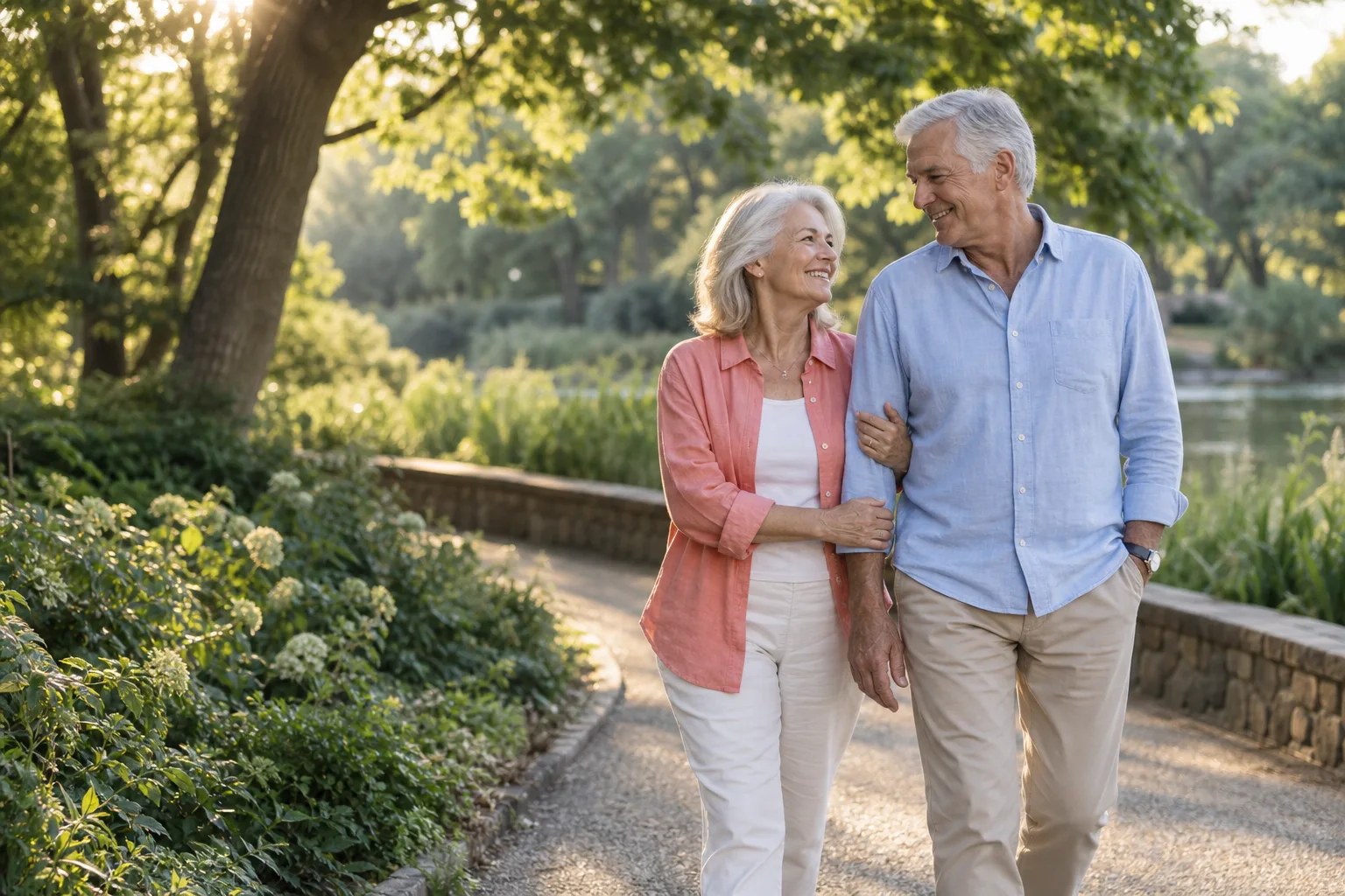 An older couple sharing a smile on a sunlit park walk. Illustrative image.